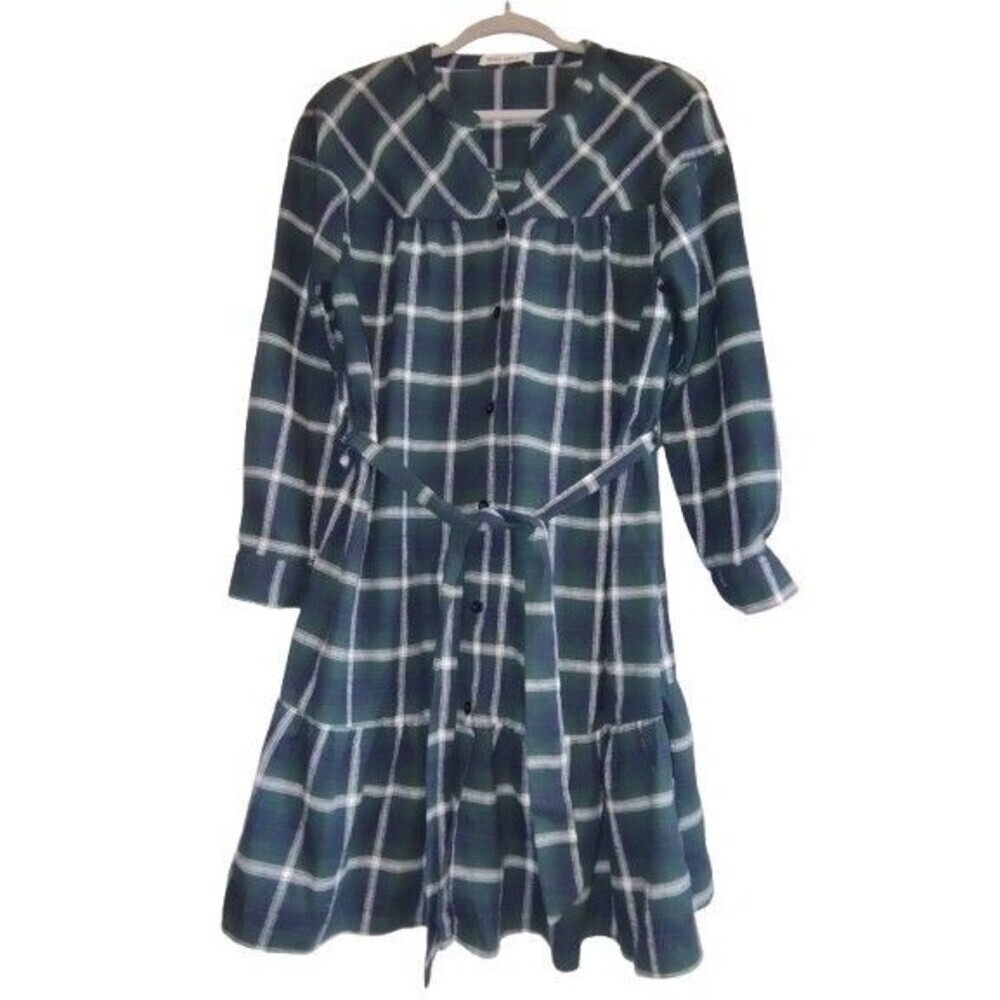 Grace Karin Green Plaid Flannel Tiered Midi Dress Long Sleeve Belted Large